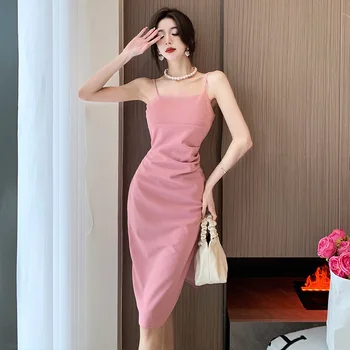 Розова рокля на подтяжках във френски стил, женски лятна дълга рокля в западен стил, дебнещ кръста, пола с цепка на бедрото с чувствен темперамент