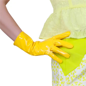 Ръкавици от лакирана кожа Дамски 28 см от изкуствена кожа с имитация на агнешка кожа, Дамски ръкавици от изкуствена кожа Ярко бананово жълт цвят за cosplay HPU49