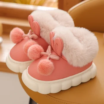 Симпатични чехли със заек за малки момичета от изкуствена кожа, дебели плюшени детски чехли, зимна топла Мека, устойчива на плъзгане детска домашни обувки