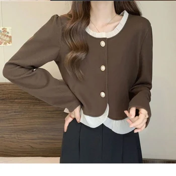 Сладки обикновена риза с къдри копчета, Дамски дрехи, 2023, есен-зима, Свободни Корейски върхове, фалшиви блузи-wild