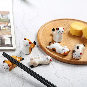 Сладък Cartoony Котка, Керамични Държач за щеки за хранене, Подглазурный ресторант в японски стил, Лесна Поставка за лъжици, съдове за готвене