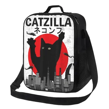 Случайна чанта за обяд Catzilla в японски стил Sunset Cat Подарък любовник коте Преносим термоохладитель Училищен обяд-бокс за хранене