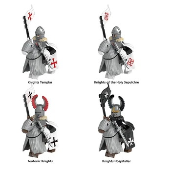 Средновековните рицари на Ордена на Тамплиерите в Рим, Набор от фигури, Боен кон, военен заключване, Армейское оръжие, Щит, Меч, Шлем, Тухли, Играчки