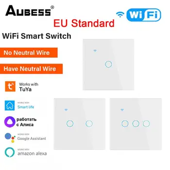 Стандарт на ЕС Sasha WiFi 1/2/3/4 Gang Интелигентен сензорен прекъсвач Бутон на стената на къщата дистанционно управление Умен дом за Алекса Google Home Асистент