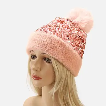 Стилен дамски шапчица-капор с пайети Есен-зима, топло вязаная шапка с пайети, Вязаная шапчица с подвижна топка за коса