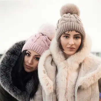 Топли шапки, вязаная капачка, плюшено дебели кожени топчета, защита на ушите за жени, студена зимна однотонная модни вязаная капачка