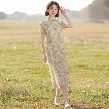 Традиционно китайското винтажное женски Ципао с яка-часова, класическа вечерна рокля Чонсам с къс ръкав