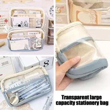 Трехслойная Симпатична чанта за моливи Прозрачна Студентски чанта, изработена от PVC Анимационен капацитет в Корейски стил Kawaii, голям калъф за канцеларски материали за моливи S6B6