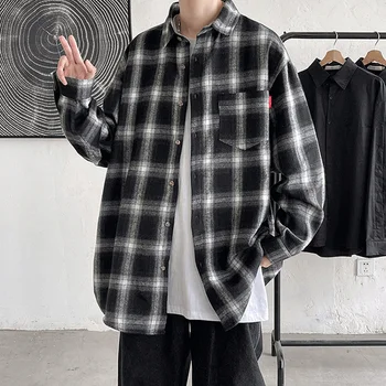 Фланелен Ризи в клетката, мъжки градинска дрехи, Ежедневни Универсална Есен 2023 г., висококачествени мъжки блузи Harajuku стил ретро оверсайз с дълъг ръкав