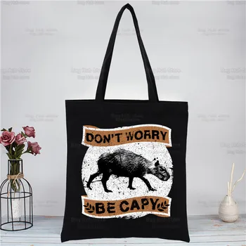 Холщовая чанта Capybara, чанта-тоут за пазаруване, черен унисекс, мультяшная пътна чанта Don ' t Worry Be Capy, чанти през рамо Capibara