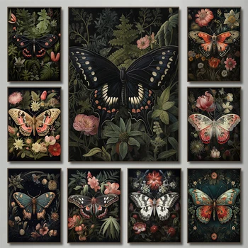 Цвете Тъмно зелен Горски Синя Пеперуда Черна пеперуда Плакат Платно Картина Ботанически стенни рисунки Хелоуин Начало декор