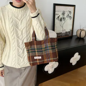 Чанта през рамо от вълнен плат в корейски стил, ежедневни чанти за пазаруване, ретро чанта-тоут, чантата е с голям капацитет, клетчатая чанта за момичета
