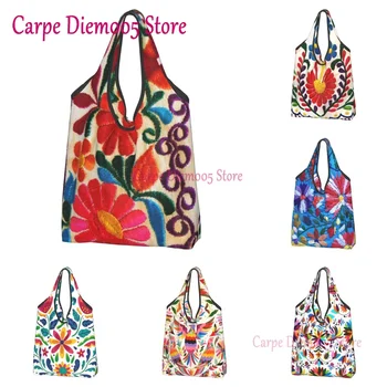 Чанта-тоут за пазаруване с мексикански цветове, дамски текстил народна чанта-купувач с цветен модел, по-голямата голям чанта
