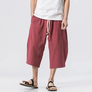 Червени ленени панталони, мъжки свободни широки панталони големи размери, реколта памук спално бельо, ежедневни мъжки скъсяване на панталони с завязками, спортни панталони 5xl