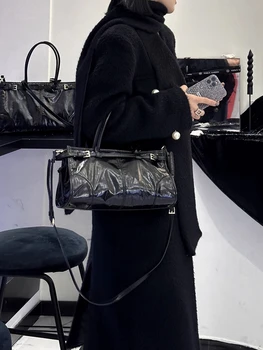 Черна Модни Проста Дълга Дамска чанта-Тоут От Естествена Кожа \Чанта От Естествена Кожа, Дамски Чанта През рамо, Чантата През рамо, Голяма