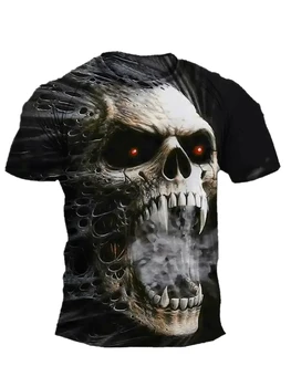 Черна тениска с череп за мъже, пънк-тениски с виртуален скелет, тениски с 3D принтом, реколта готически дрехи оверсайз, летни блузи с кръгло деколте