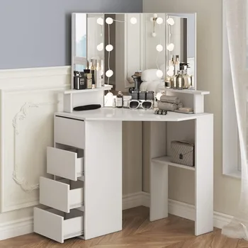 Ъглов тоалетка за грим Vabches с огледало с осветление, 42-инчов бяла тоалетка с чекмеджета, Тоалетка за спалня с огледало