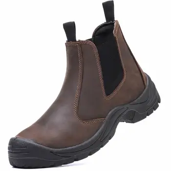мъжки работни обувки със стоманени пръсти за почивка, защитни ботуши от волска кожа, кафяви обувки за работници в глезените на 
