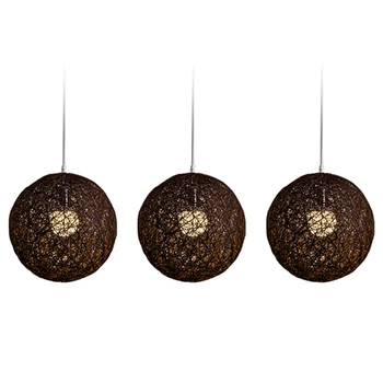 3X Кафе полилей от бамбук, ратан и юта с топки за Индивидуално творчество, сферична лампа от ратан 