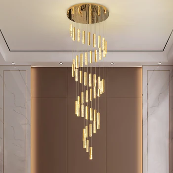 Led кристален полилей злато луксозна вила ресторант хол стълбище вътрешно осветление на дълга кристален стълбищна лампа